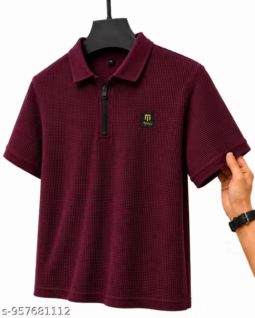 Afelix Men's MaroonWaffle Knit cotton blend Popcorn Textured Half-Sleeve Polo T-Shirt with Zipper Placket, Casual & EverydayWear for Men (Color Maroon)537