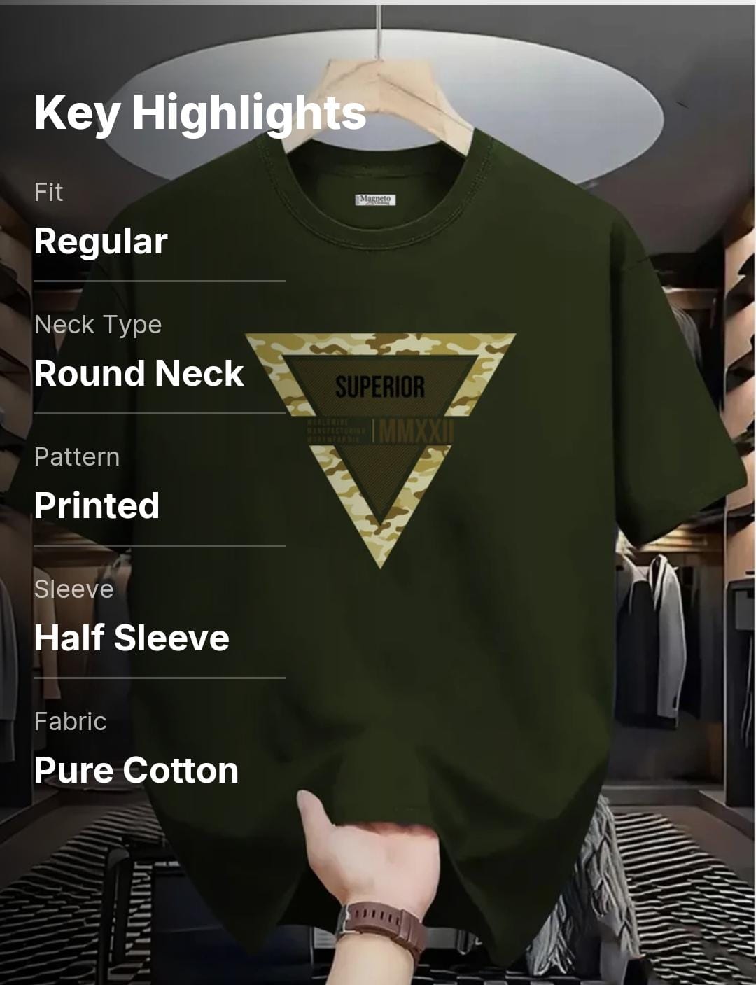 Magneto Men Printed Round Neck Pure Cotton Green T-Shirt (olive green)