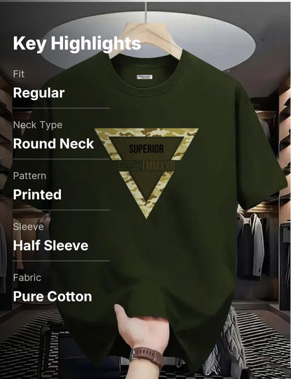 Magneto Men Printed Round Neck Pure Cotton Green T-Shirt (olive green)