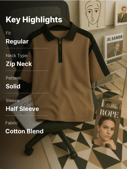Try This Men Solid Zip Neck Cotton Blend Brown T-Shirt