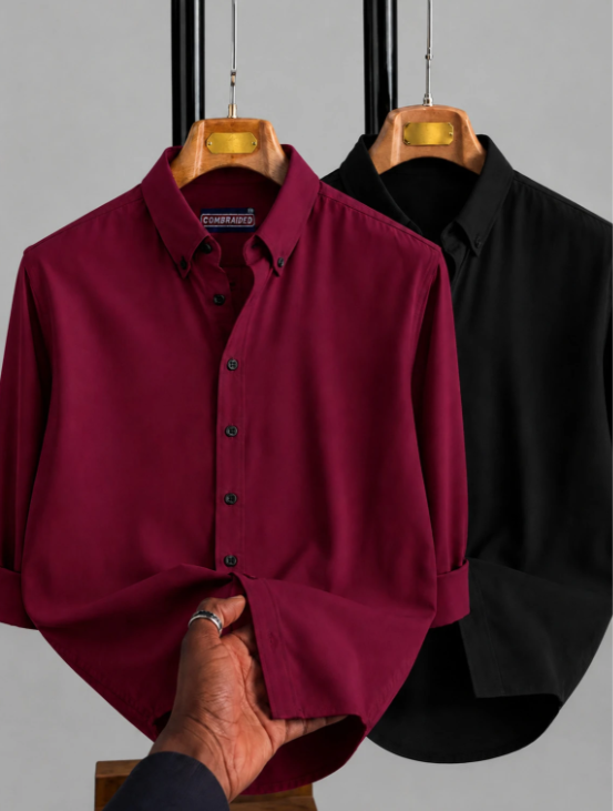 COMBRAIDED Men Regular Fit Solid Spread Collar Casual Shirt (Pack of 2) BLACK+MAROON