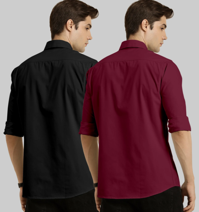 COMBRAIDED Men Regular Fit Solid Spread Collar Casual Shirt (Pack of 2) BLACK+MAROON