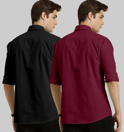 COMBRAIDED Men Regular Fit Solid Spread Collar Casual Shirt (Pack of 2) BLACK+MAROON