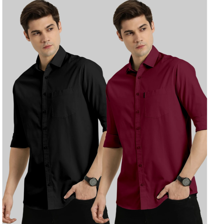 COMBRAIDED Men Regular Fit Solid Spread Collar Casual Shirt (Pack of 2) BLACK+MAROON