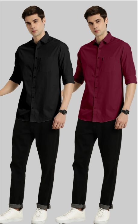 COMBRAIDED Men Regular Fit Solid Spread Collar Casual Shirt (Pack of 2) BLACK+MAROON