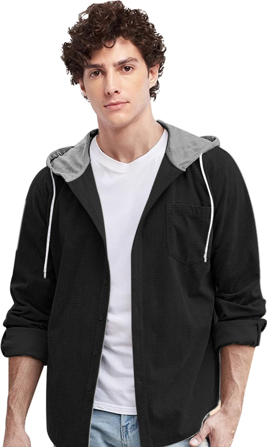 EyeBogler Men Oversized Fit Self Design Hood Collar Casual Shirt (Color Black , Grey )
