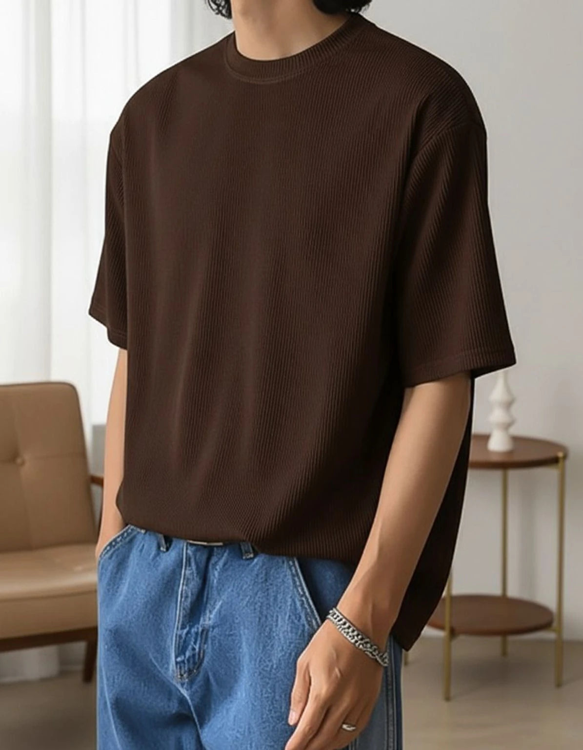 RUNNING MACHINE Men Striped Round Neck Polyester Black T-Shirt