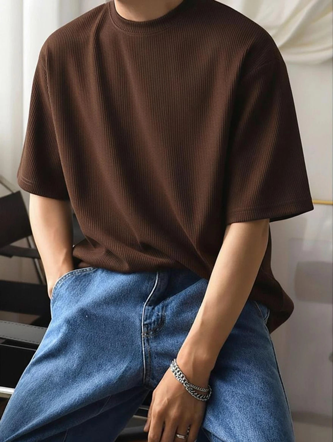 RUNNING MACHINE Men Striped Round Neck Polyester Black T-Shirt
