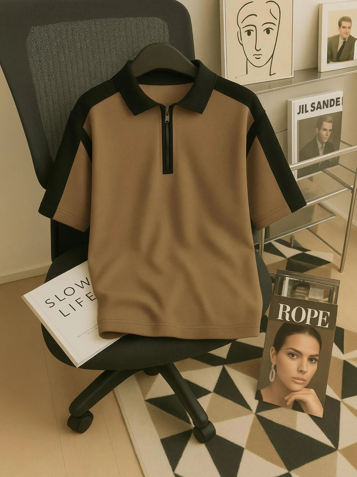 Try This Men Solid Zip Neck Cotton Blend Brown T-Shirt