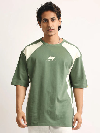 MANIAC Men Colorblock Round Neck Pure Cotton Green, White T-Shirt