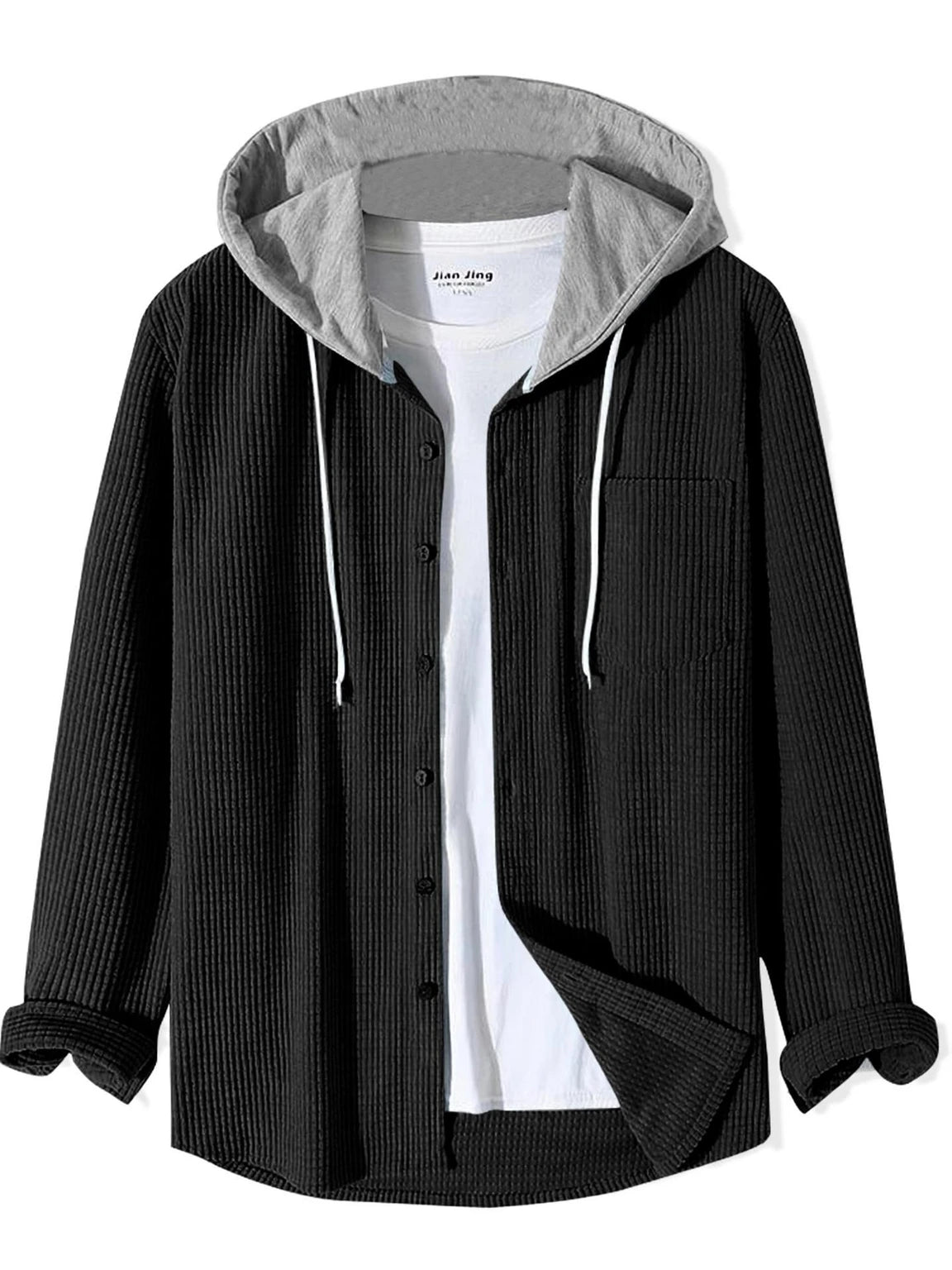 EyeBogler Men Oversized Fit Self Design Hood Collar Casual Shirt (Color Black , Grey )