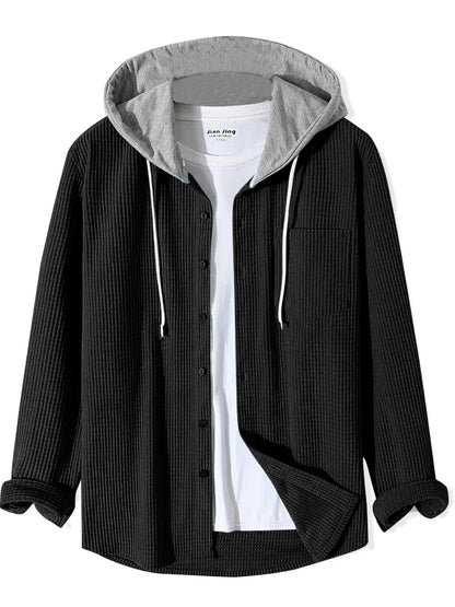 EyeBogler Men Oversized Fit Self Design Hood Collar Casual Shirt (Color Black , Grey )